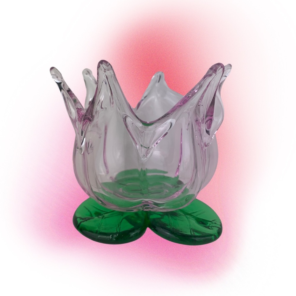 VTG Pink & Green Art Glass Lotus Flower Lilly Pad Votive Candle Holder